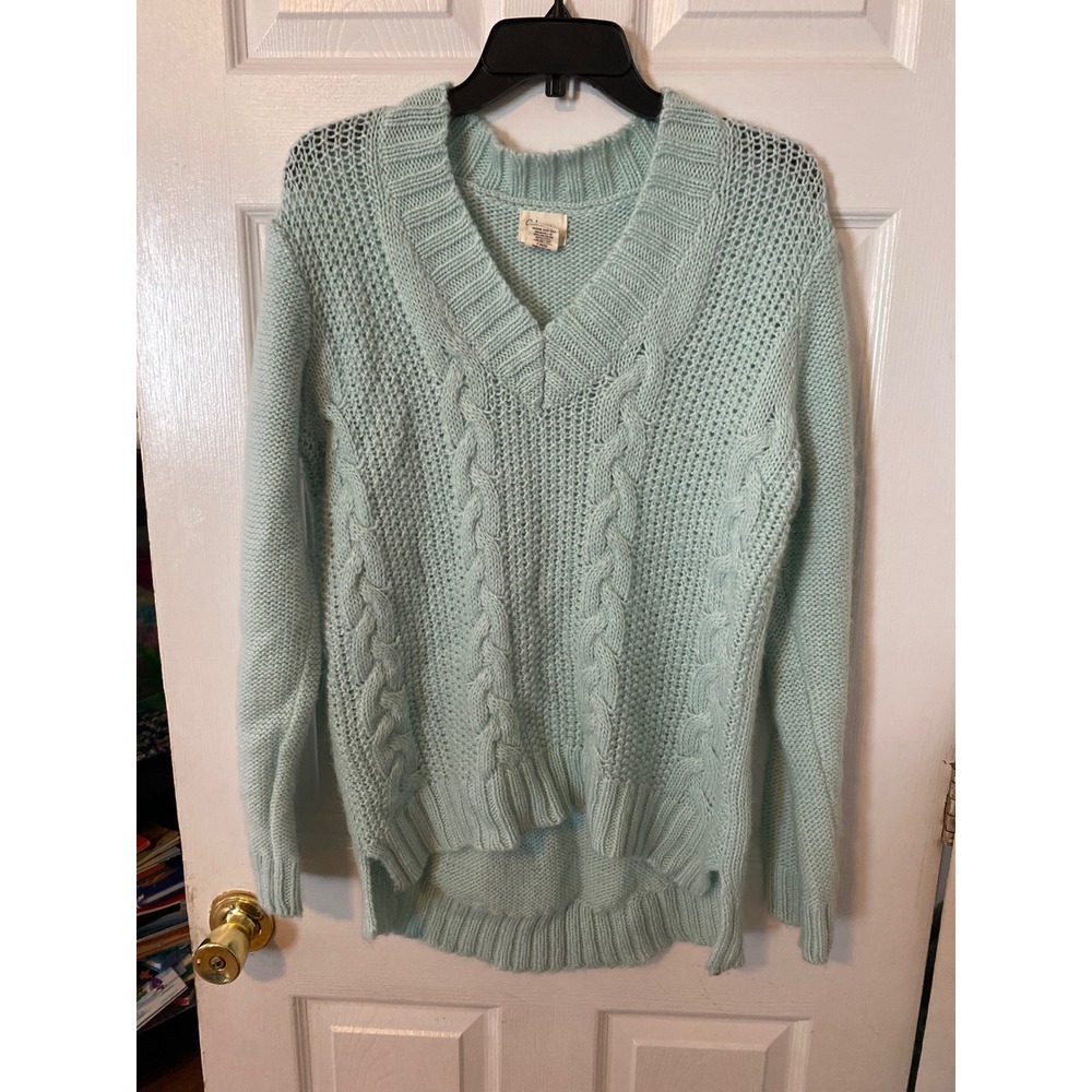 Andrea Jovine Mint Green Cable Knit V-Neck Sweater Wool Alpaca Blend Large